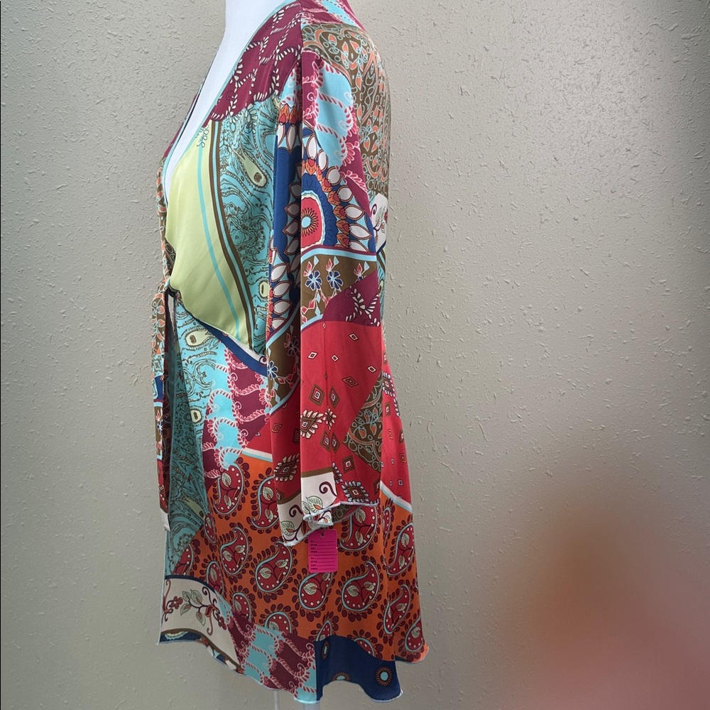 CAbi patchwork tie-front kimono or tunic, Style 914 parsley floral print size M - Picture 5 of 8
